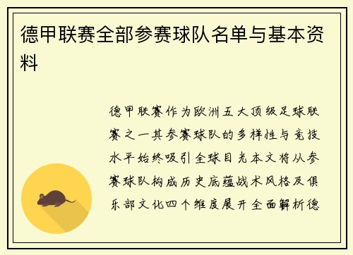 德甲联赛全部参赛球队名单与基本资料